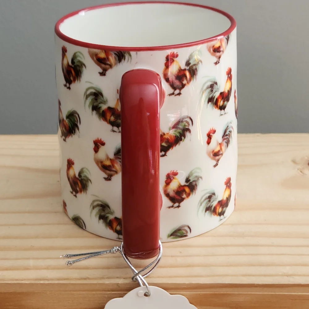 Rooster Patterned Ceramic Mug with Red Handle NWT Cottagecore, Farm, Homestead - Picture 2 of 15
